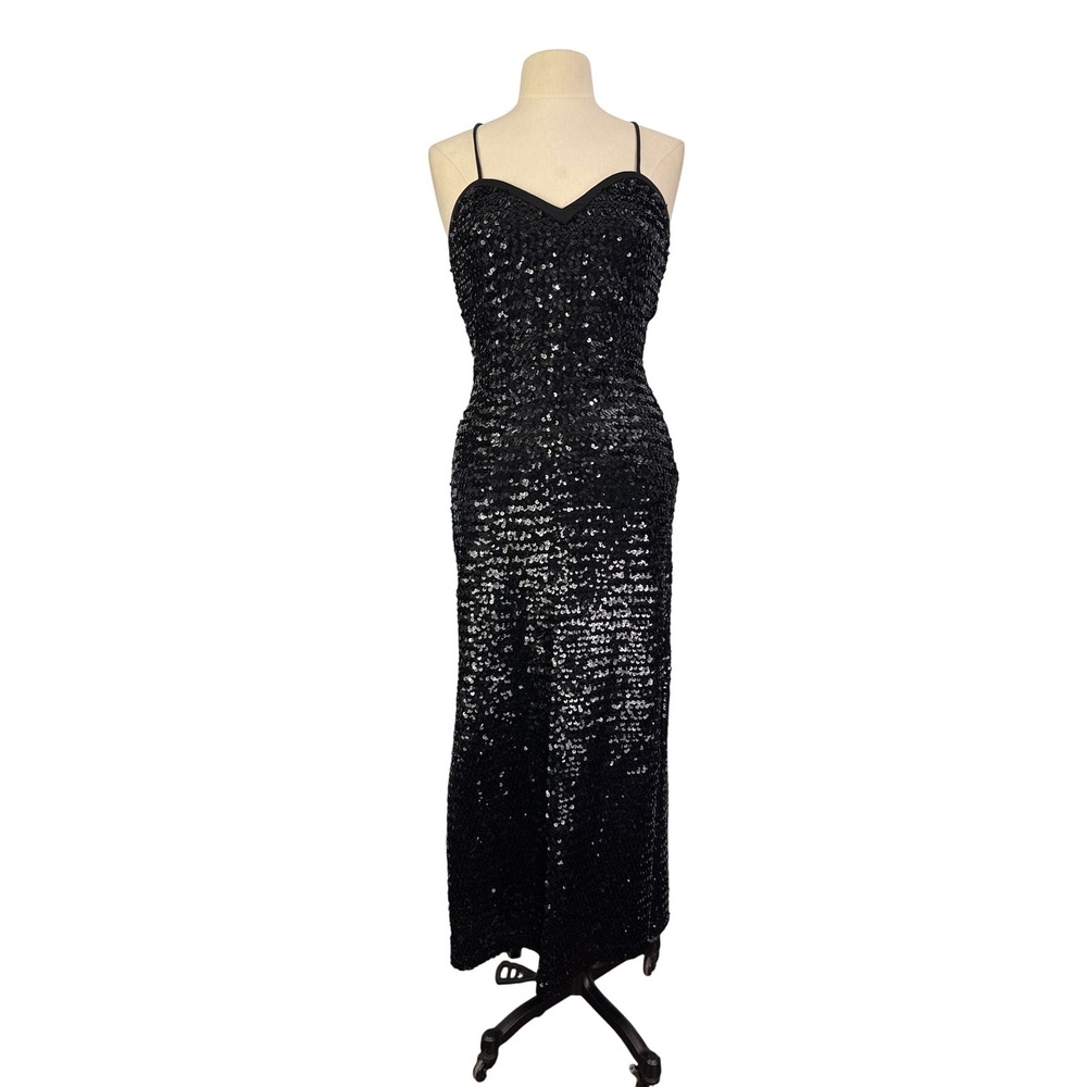 Funky Vintage Black‎ Heavy Sequin Spaghetti Strap Halter Maxi Dress, Side Slits